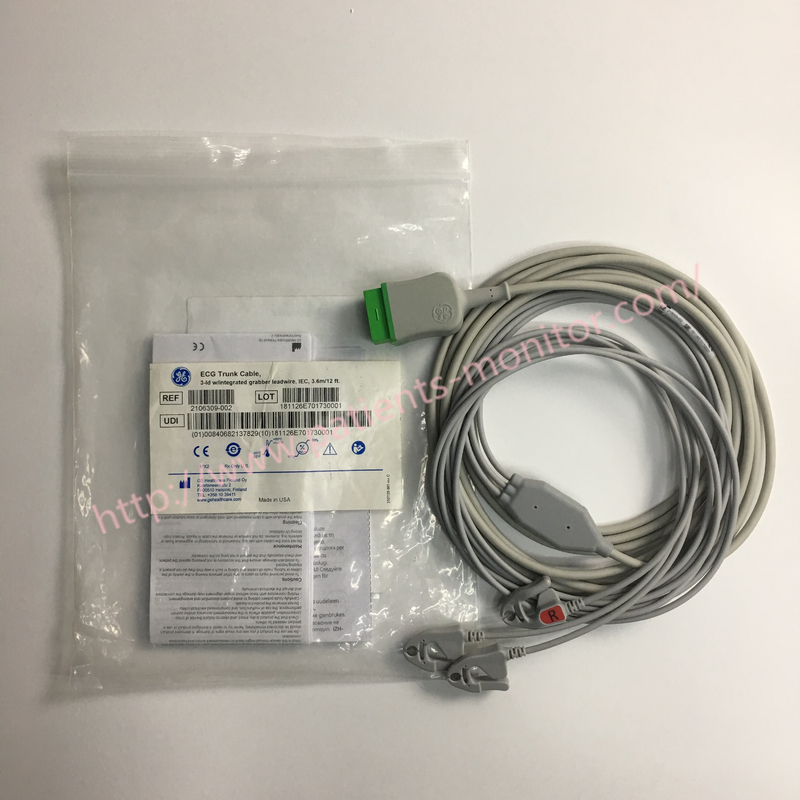 REF 2106309-002  GE ECG Trunk Cable 3-Ld Wire Integrated Grabber Leadwire IEC 3.6m 12ft