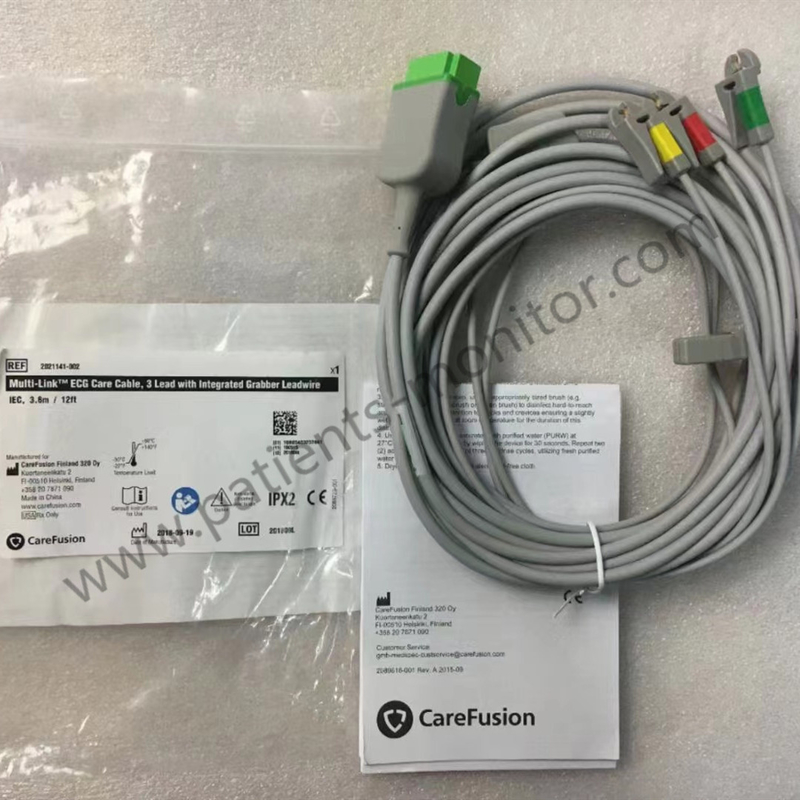 GE Care Fusion ECG Care Cable 3 Lead With Integrated Grabber Lead Wire IEC 3.6m 12ft REF 2021141-002 2017004-003